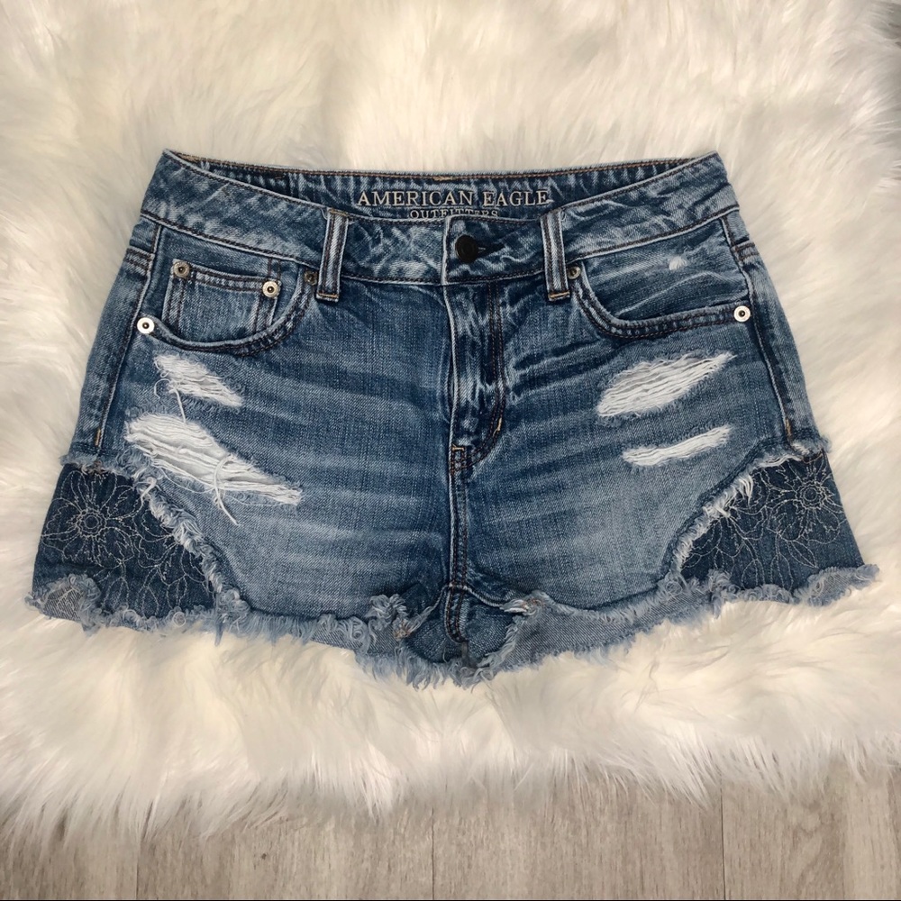 American Eagle embroidered floral cutoff jean shorts